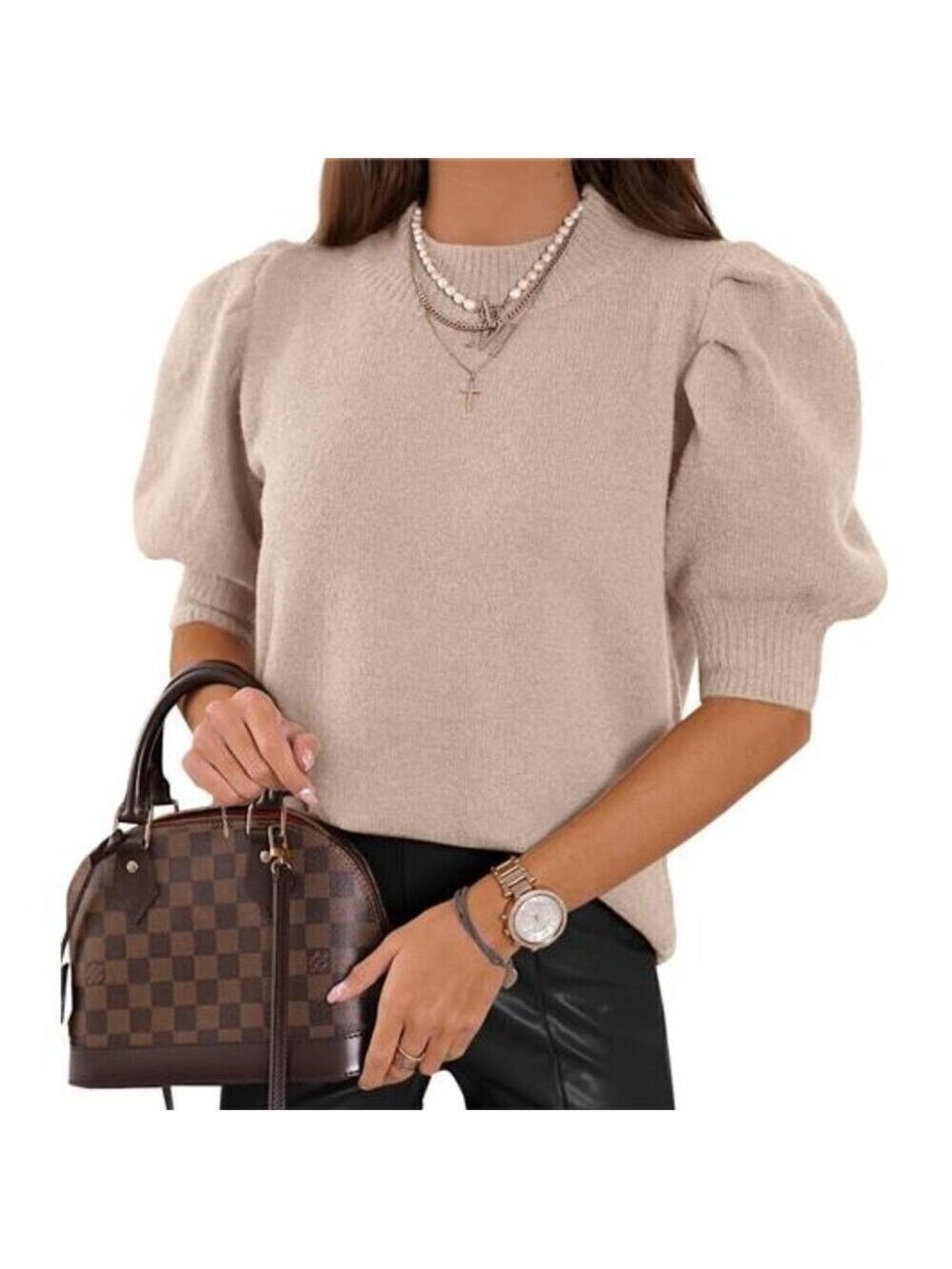 Women's Puff Short Sleeve Sweater Tops Trendy Knit Crew Neck Beige S-M-L-XL